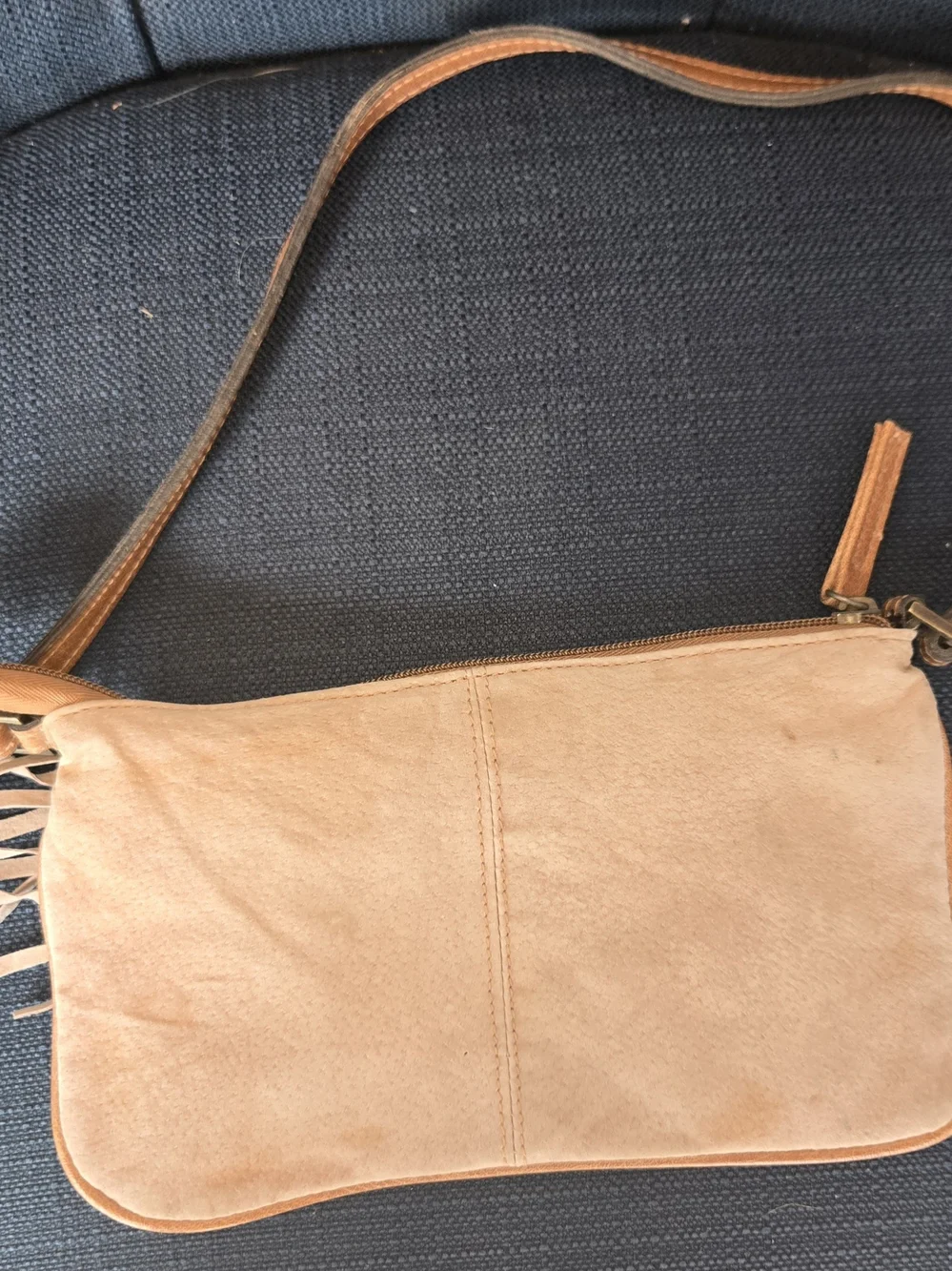 Vintage Fashion Express Tan Fringe Crossbody Bag with Turquoise Stud Accents